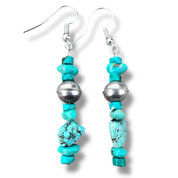 Turquoise Sterling Silver Bench Bead Nugget Stack Southwest 925 Dangle Earrings - Picture 1 of 4